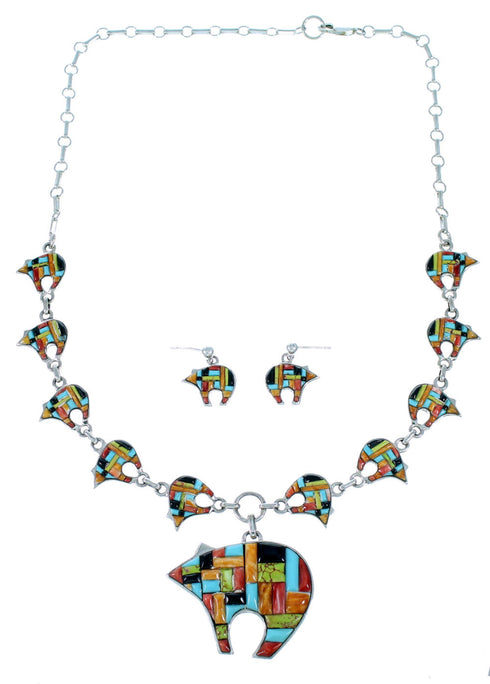 Multicolor Sterling Silver Bear Link Necklace Earrings Set PX37264